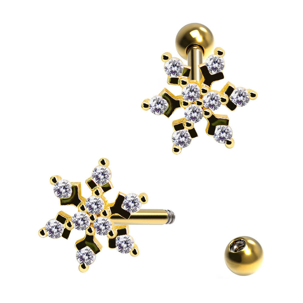 Barbell in Snowflake Brass Design with Crystals 