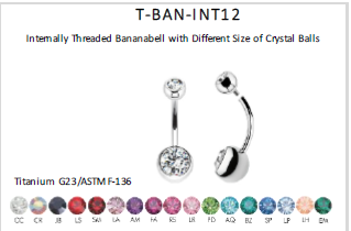 Titanium G23/ASTM F-136 Bananabell with Different Size of Crystal Balls - 14GA(1.6mm)