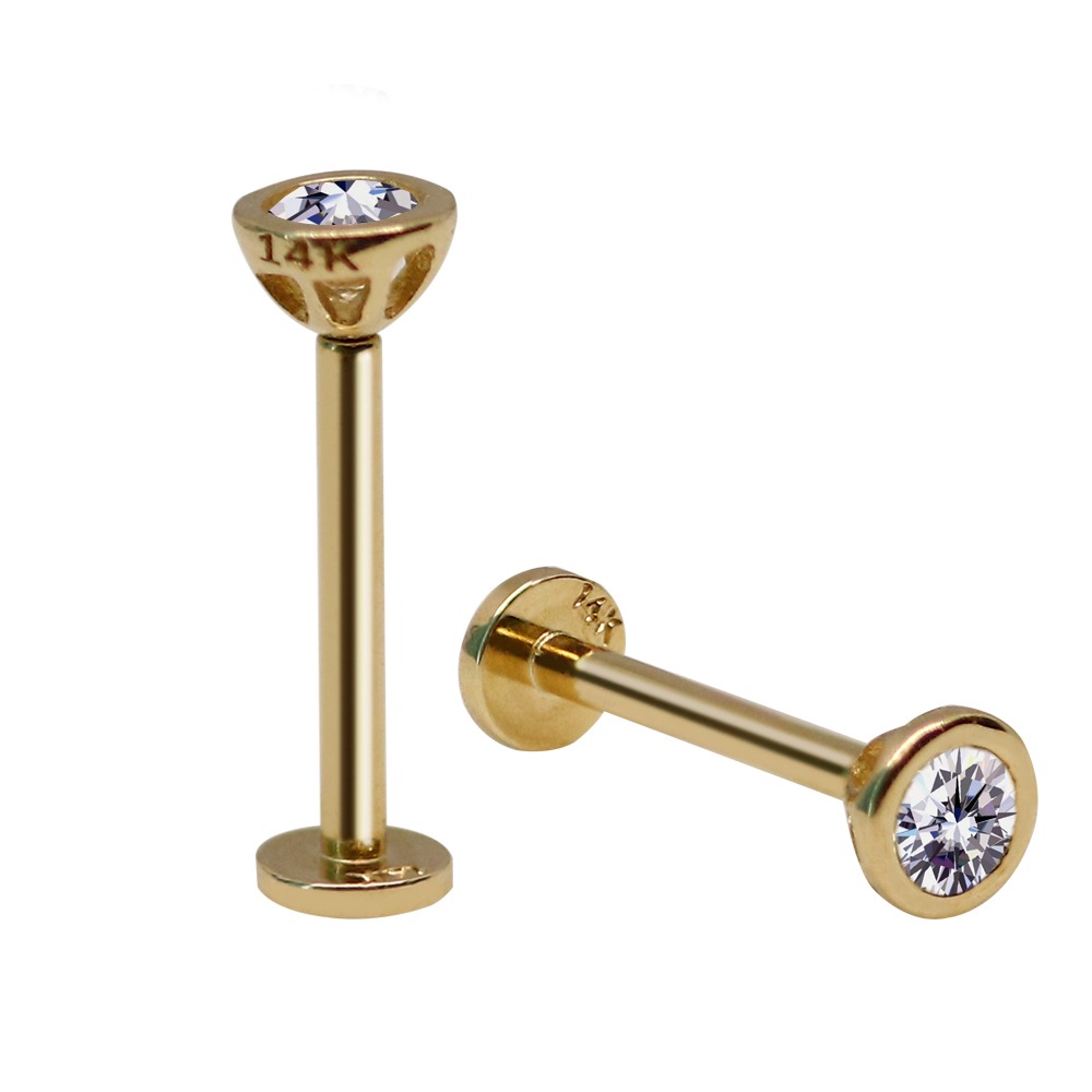 18K Real Gold Internally Threaded Labret with Stone