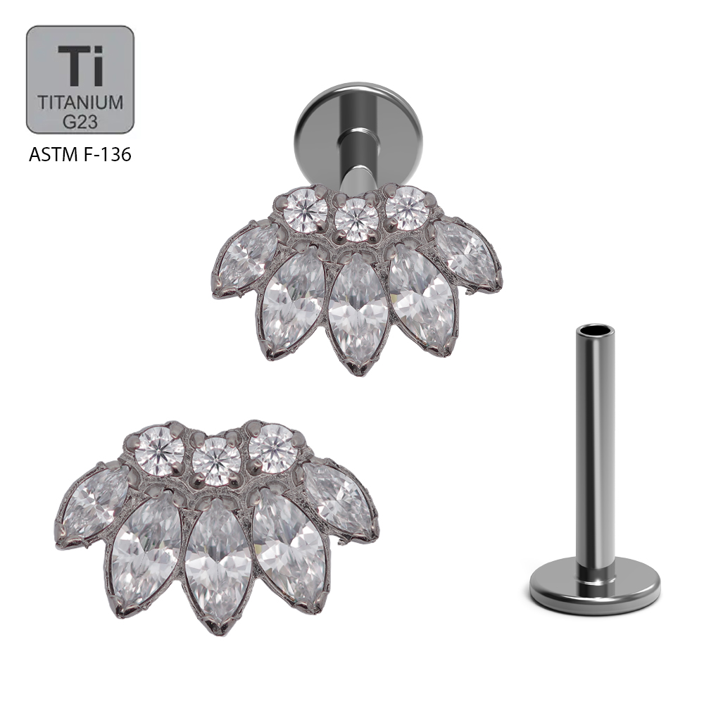 ASTM F136 Titanium G23 Internally Threaded Labret With  3 Marquise CZ With 3 Round CZ On Bottom Internally Threaded Top