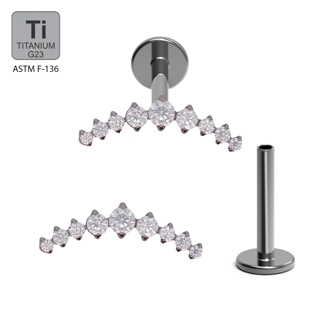 ASTM F136 Titanium G23 Internally Threaded Labret With 9 Prong Set CZ Stone Top