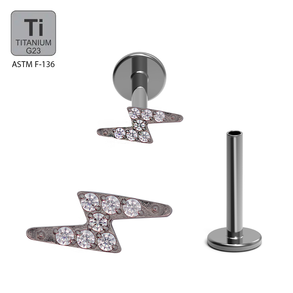 ASTM F136 Titanium G23 Internally Threaded Labret With CZ Paved Lightning Top