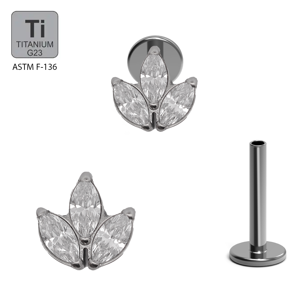 ASTM F136 Titanium G23 Internally Threaded Labret With 3 Marquise CZ Top