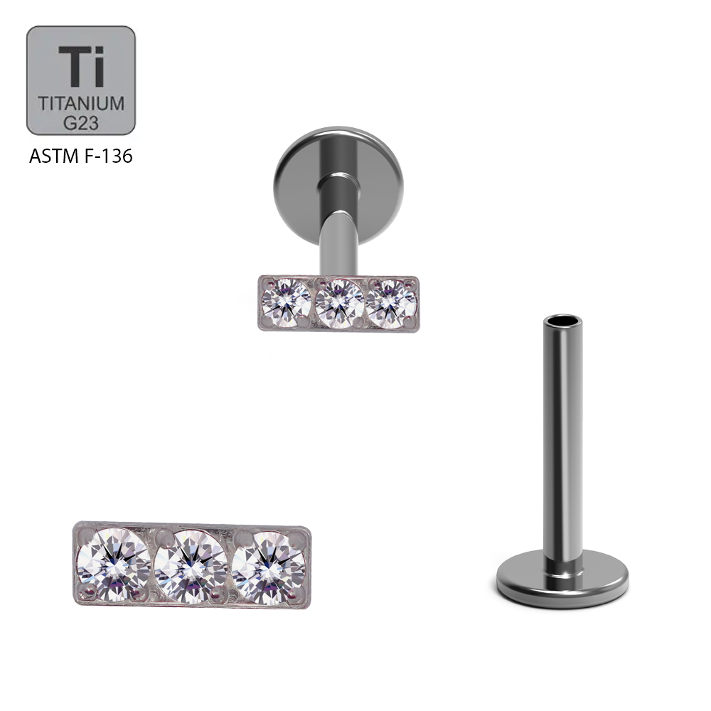 ASTM F136 Titanium G23 Internally Threaded Labret With 3 CZ Tile Top