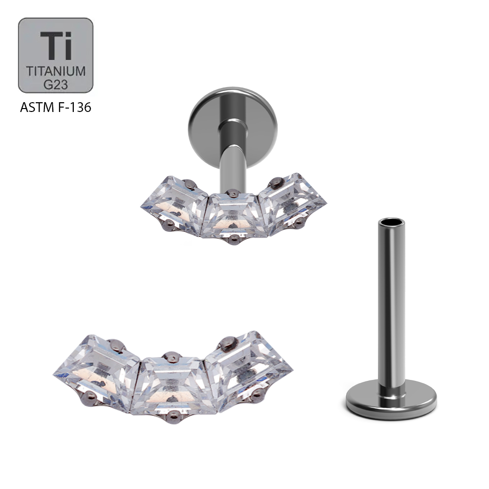 ASTM F136 Titanium G23 Internally Threaded Labret with 3 Prong Set Trapezoid Cubic Zirconia Top