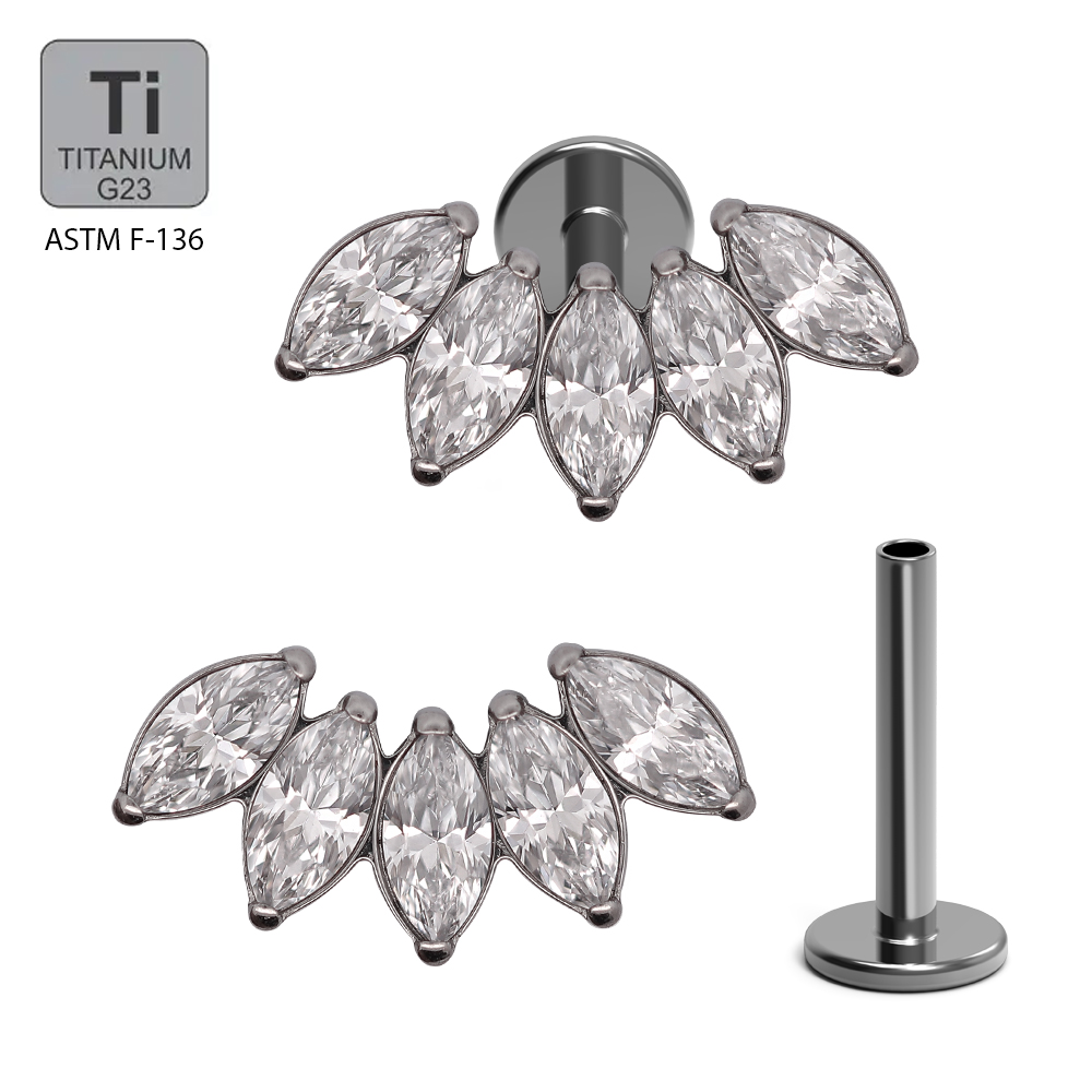 ASTM F136 Titanium G23 Internally Threaded Labret with 5 Prong Set Marquise Cubic Zirconia Top