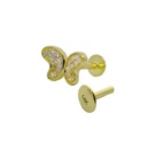 14K Real Gold Internally Labret with Butterfly Labret With Cubic Zirconia 16GA(1.2mm - 6mm)