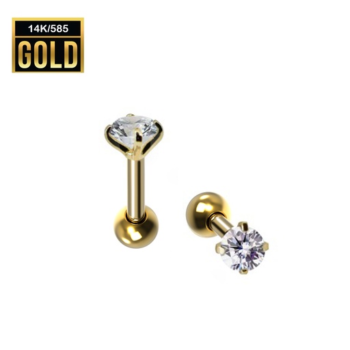 14K Real Gold Barbell with CZ Stone (Prong Setting) 