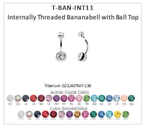 Titanium G23/ASTM F-136 Internally Threaded Bananabell with Different Size of Crystal Balls 