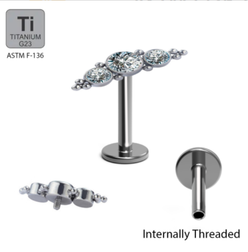 ASTM F136 Titanium G23 Internally Threaded Labret with 2 Tri-bead Cluster With 3-Cubic Zirconia Stone Cluster Top  