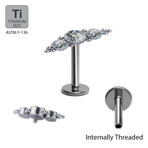 ASTM F136 Titanium G23 Internally Threaded Labret with 2 Tri-bead Cluster With 3-Cubic Zirconia Stone Cluster Top  