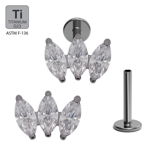 ASTM F136 Titanium G23 Internally Threaded Labret 3 Prong Set Marquise CZ Internally Threaded Top 