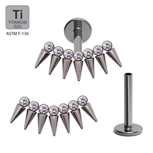 ASTM F136 Titanium G23 Internally Threaded Labret With 7 CZ With Spike Internally Threaded Top