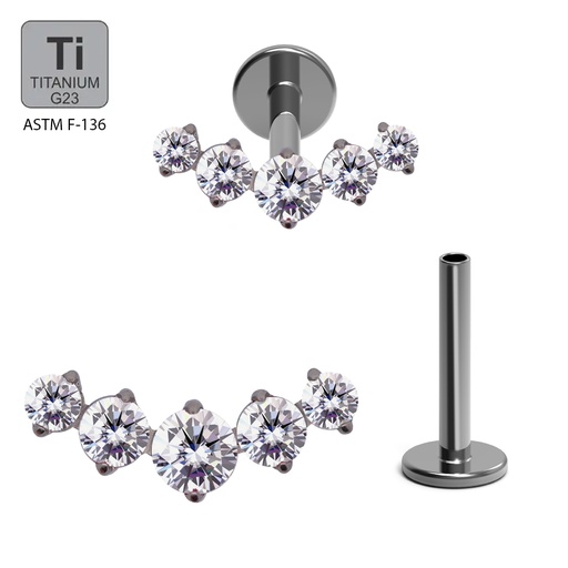 ASTM F136 Titanium G23 Internally Threaded Labret With 5 CZ Blaze Set Curve Top Internally Threaded Labret