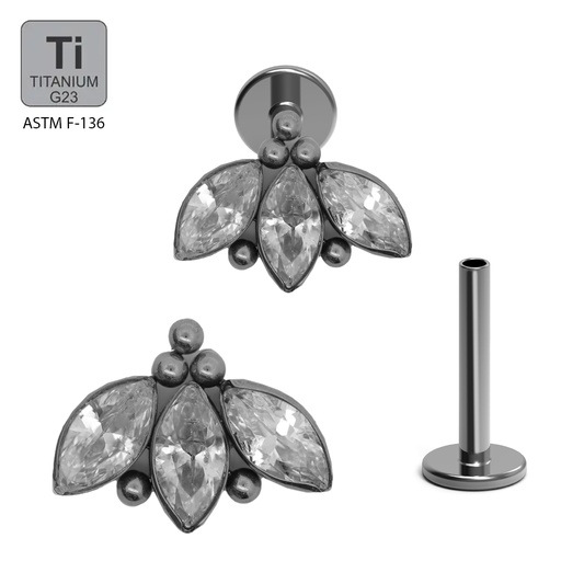 ASTM F136 Titanium G23 Internally Threaded Labret With 3 Marquise CZ With 5 Balls Cluster Top