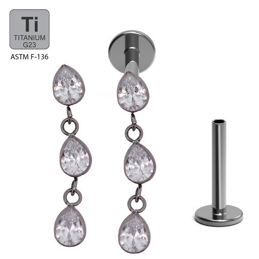 ASTM F136 Titanium G23 Internally Threaded Labret With 3 Bezel Set Pear CZ Dangle Internally Threaded Top 