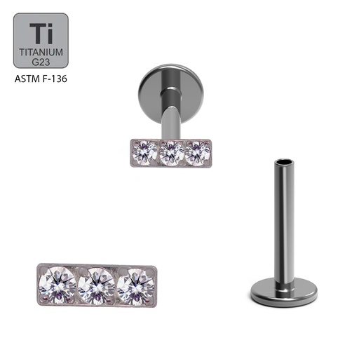 ASTM F136 Titanium G23 Internally Threaded Labret With 3 CZ Tile Top