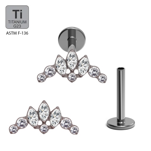 ASTM F136 Titanium G23 Internally Threaded Labret with 3 Prong Set Marquise Cubic Zirconia With 5 Round Cubic Zirconia Top