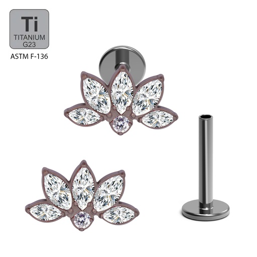 ASTM F136 Titanium G23 Internally Threaded Labret with 4 Marquise Cubic Zirconia With Round Cubic Zirconia Center Top