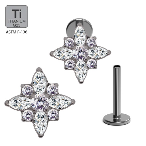 ASTM F136 Titanium G23 Internally Threaded Labret with 4 Marquise Stone and 4 Cubic Zirconia Blaze Set Top