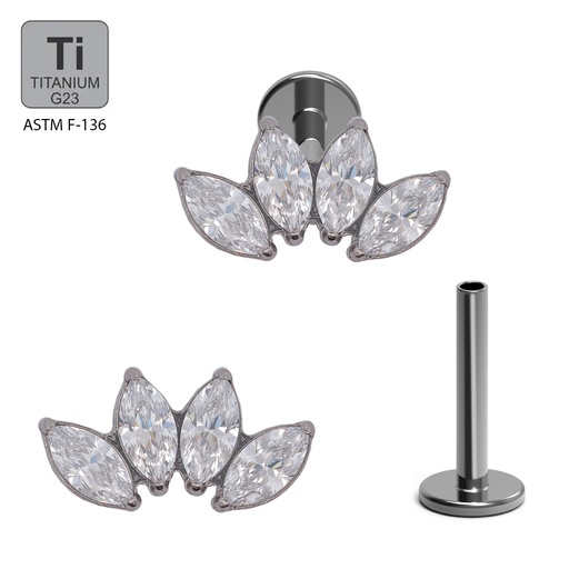 ASTM F136 Titanium G23 Internally Threaded Labret with 4 Prong Set Marquise Cubic Zirconia Top