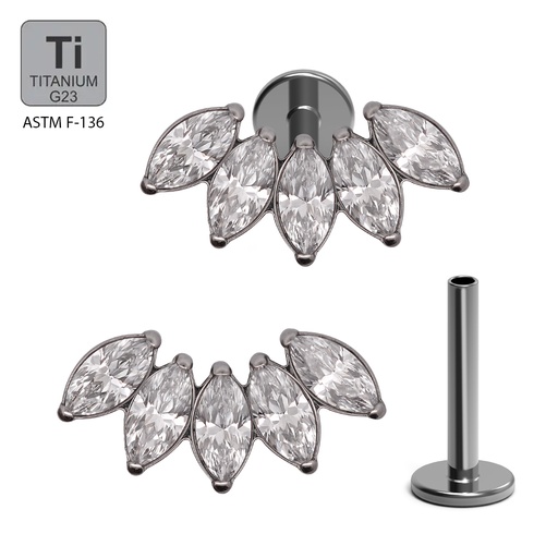 ASTM F136 Titanium G23 Internally Threaded Labret with 5 Prong Set Marquise Cubic Zirconia Top