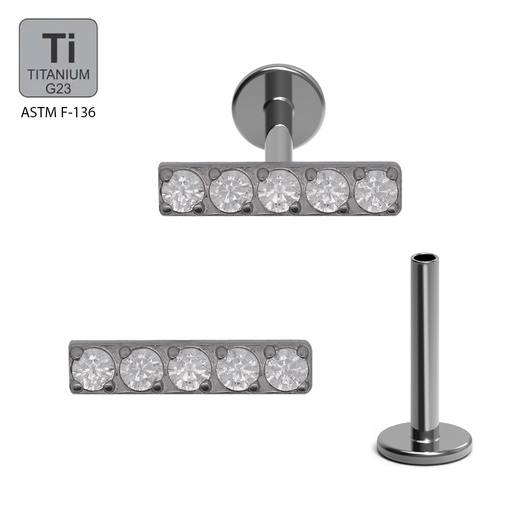 ASTM F136 Titanium G23 Internally Threaded Labret With 5 CZ Tile Top Labret